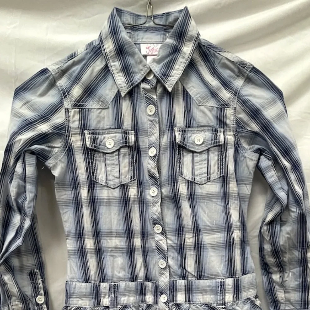 Justice Blue & White Plaid Double Ruffle Shirt Dress Girls Size 7